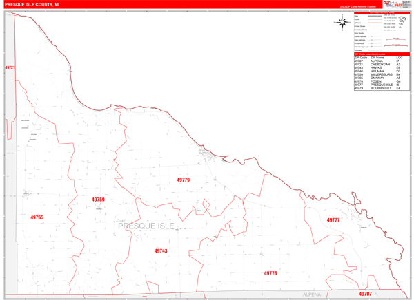 Presque Isle County Digital Map Red Line Style
